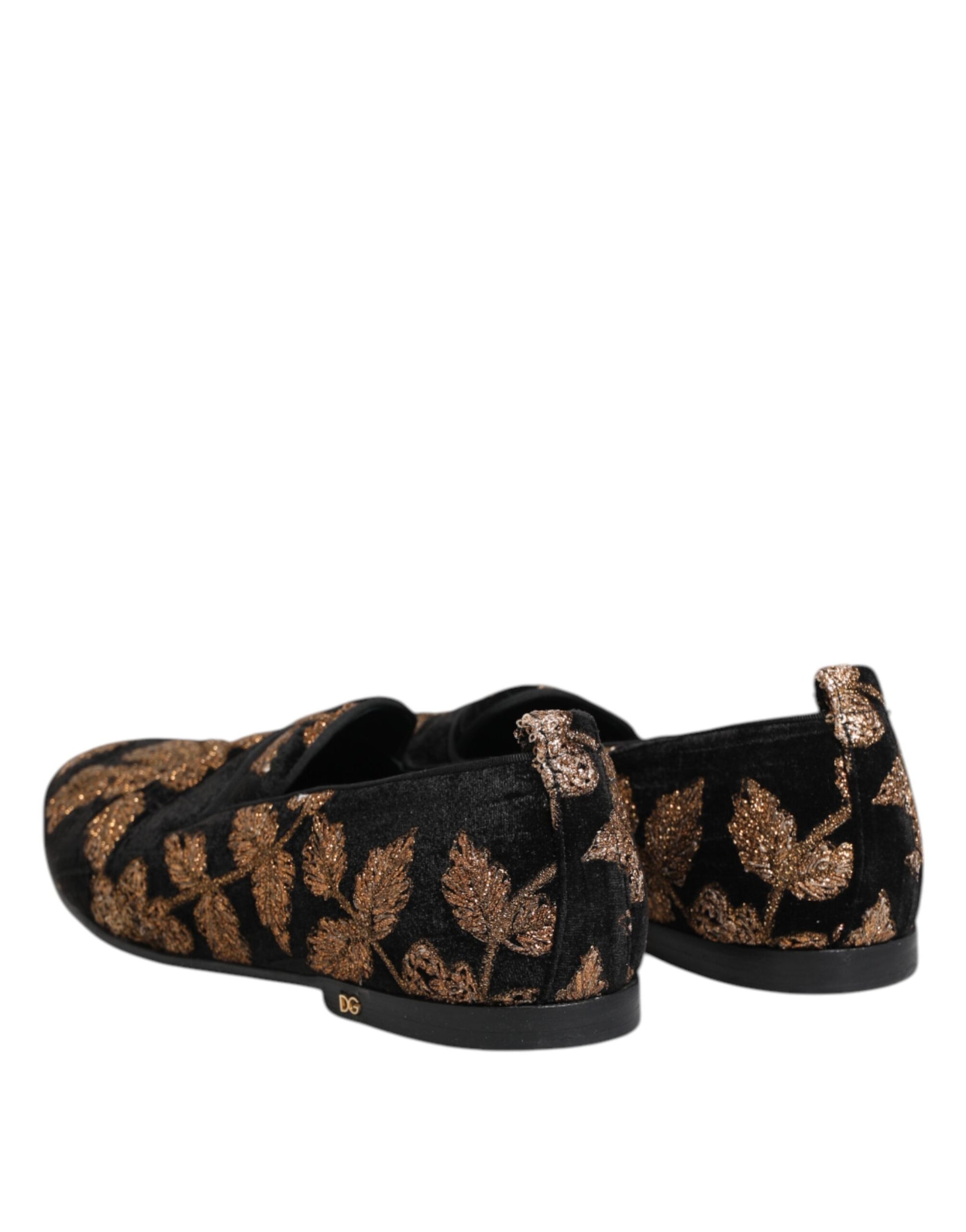 Dolce & Gabbana Black Floral Embroidery Men Loafers Shoes