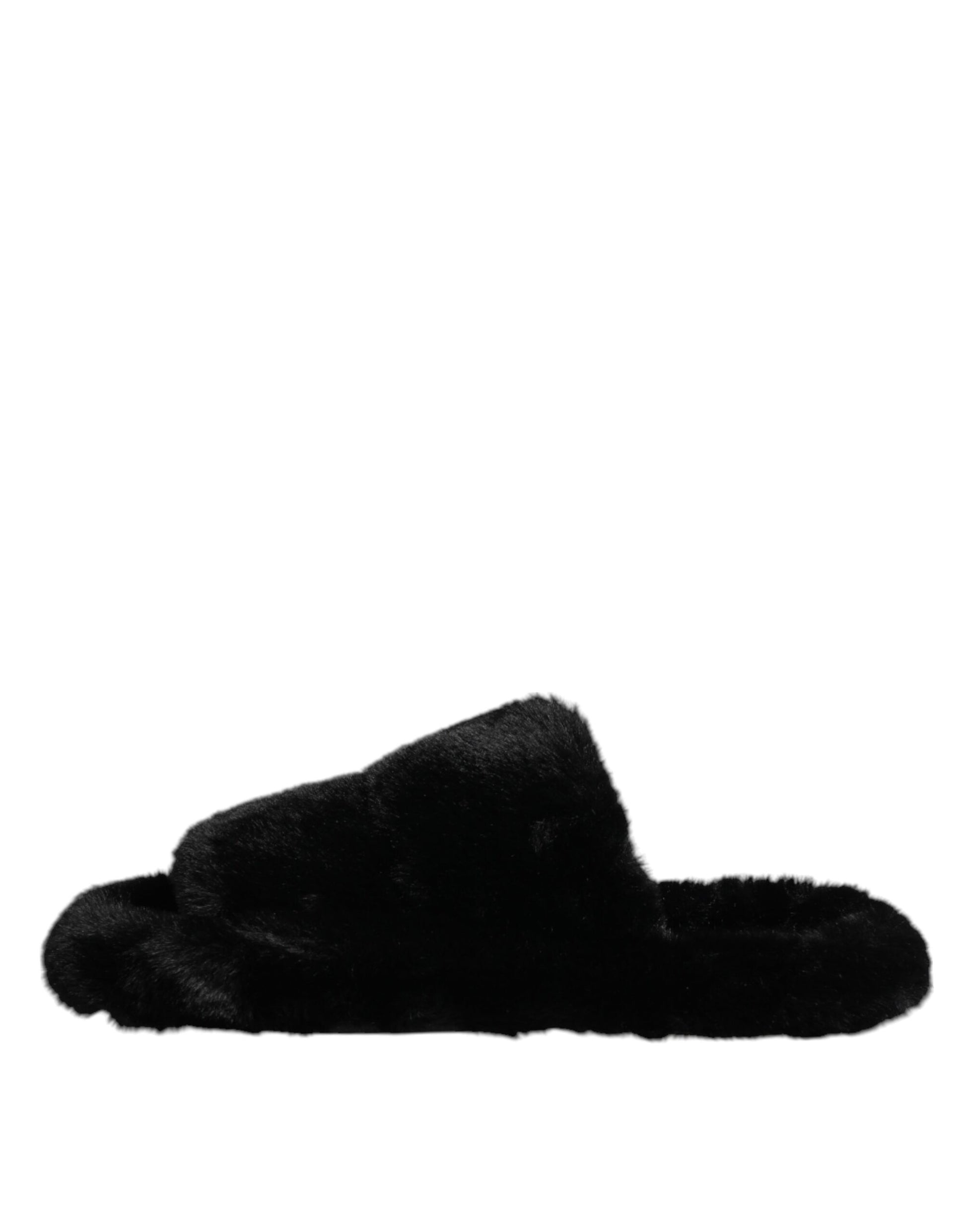 Dolce & Gabbana Black Faux Fur Flats Men Sandals Shoes