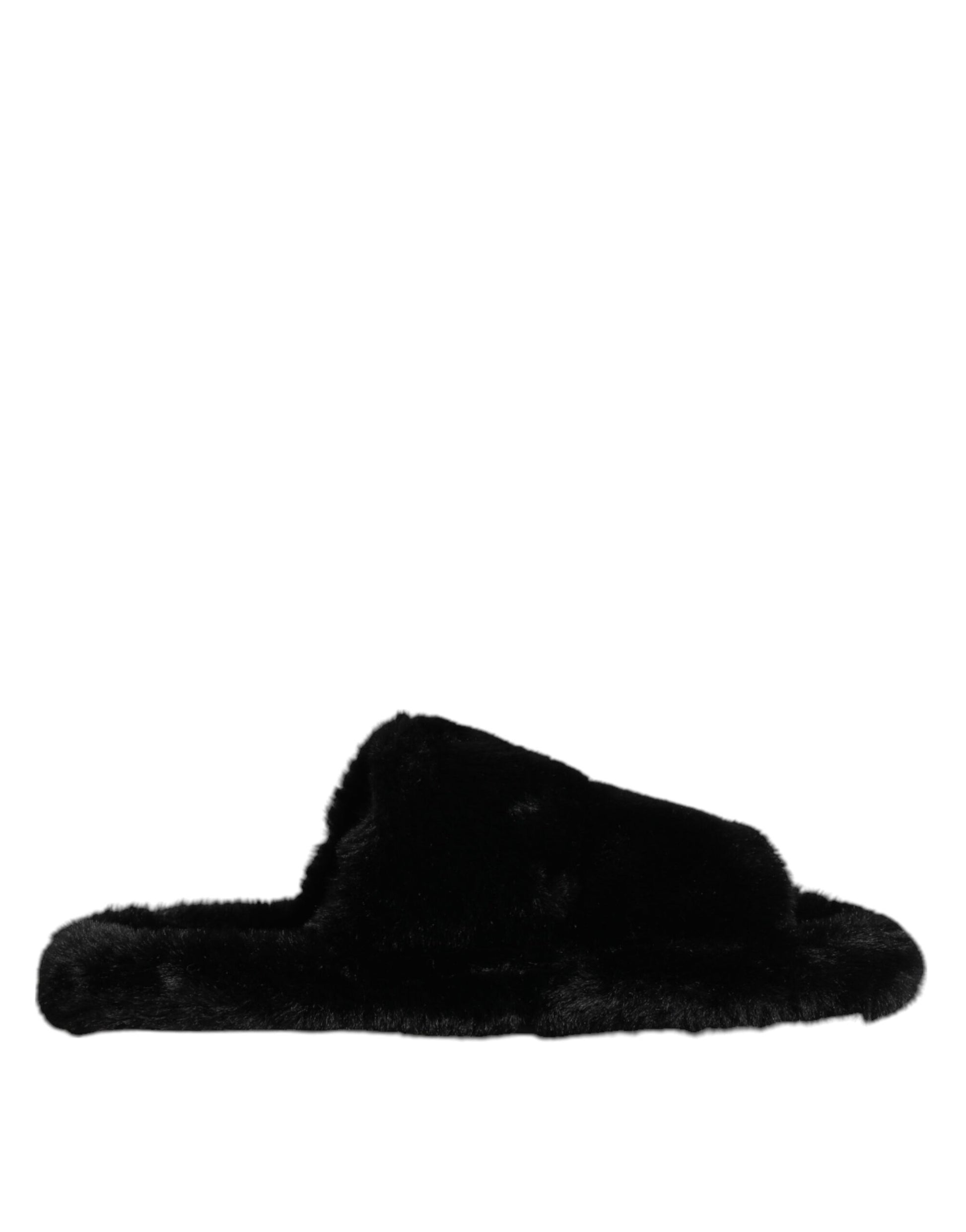Dolce & Gabbana Black Faux Fur Flats Men Sandals Shoes