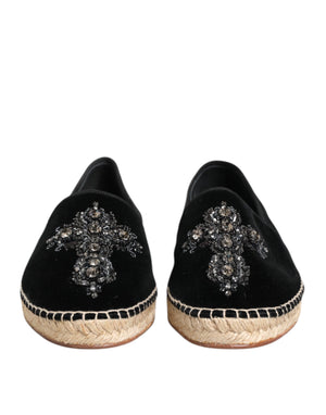 Dolce & Gabbana Black Cross Crystal Slip On Espadrille Shoes
