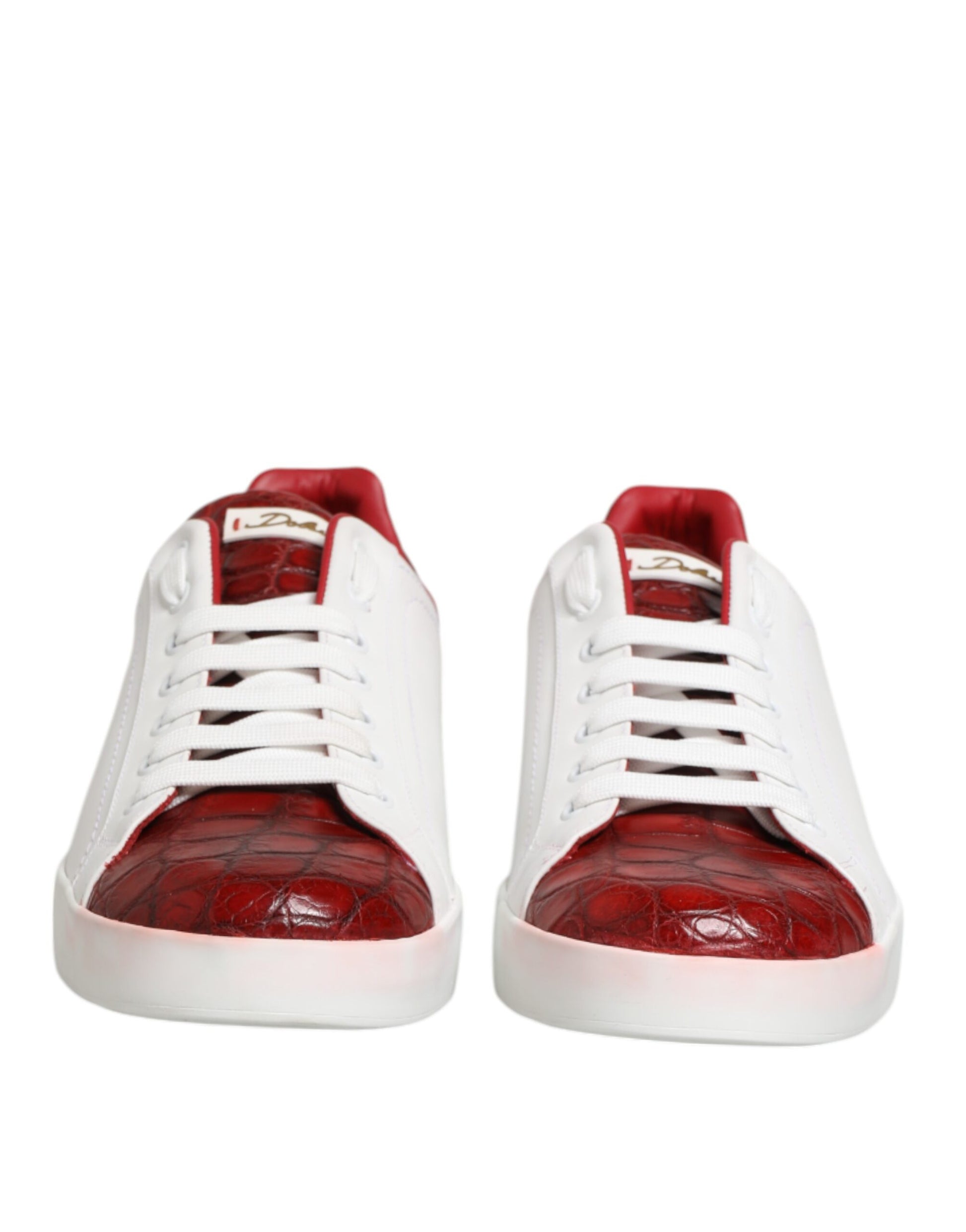 Weiß-rote Schnür-Sneakers aus Leder