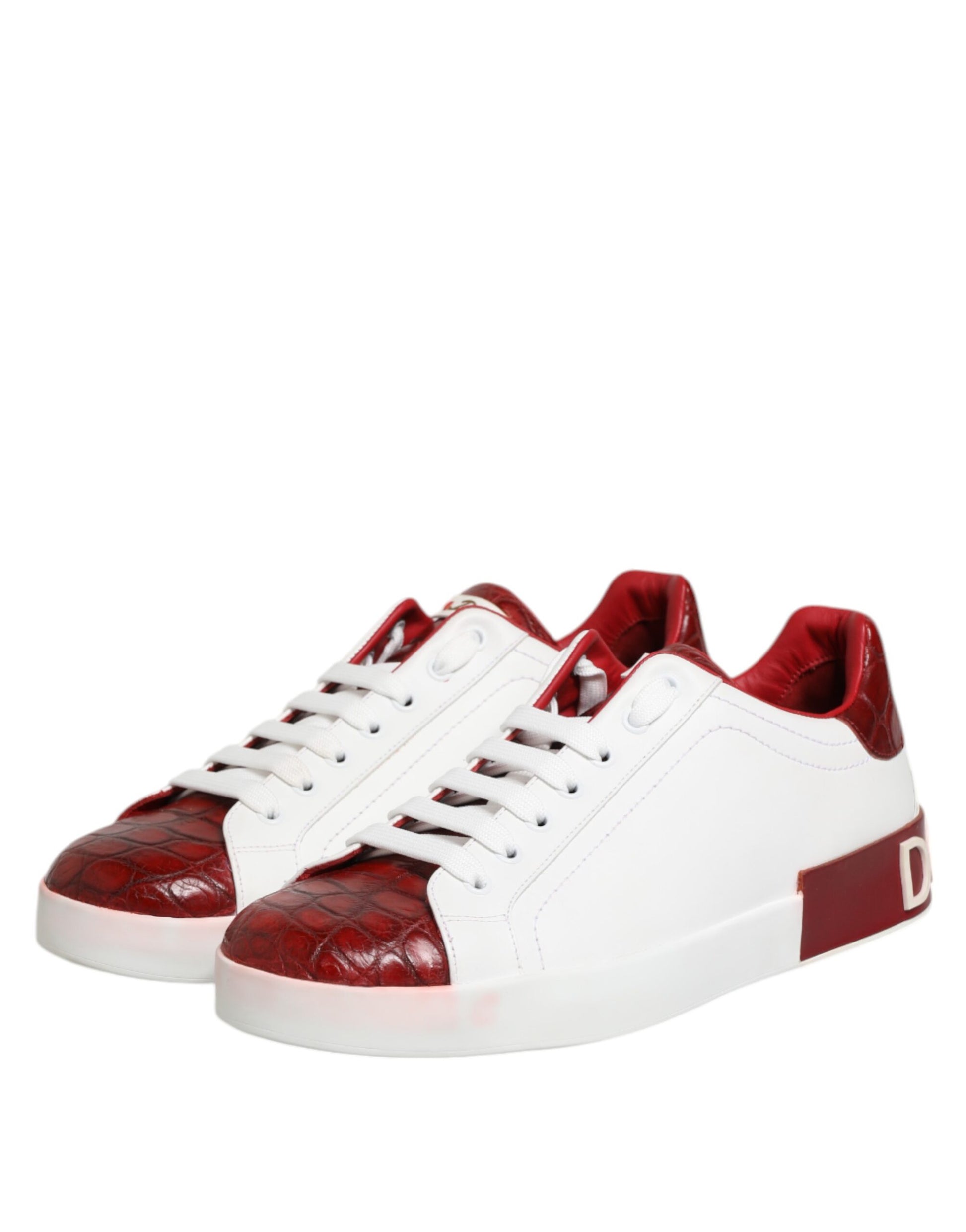 Weiß-rote Schnür-Sneakers aus Leder