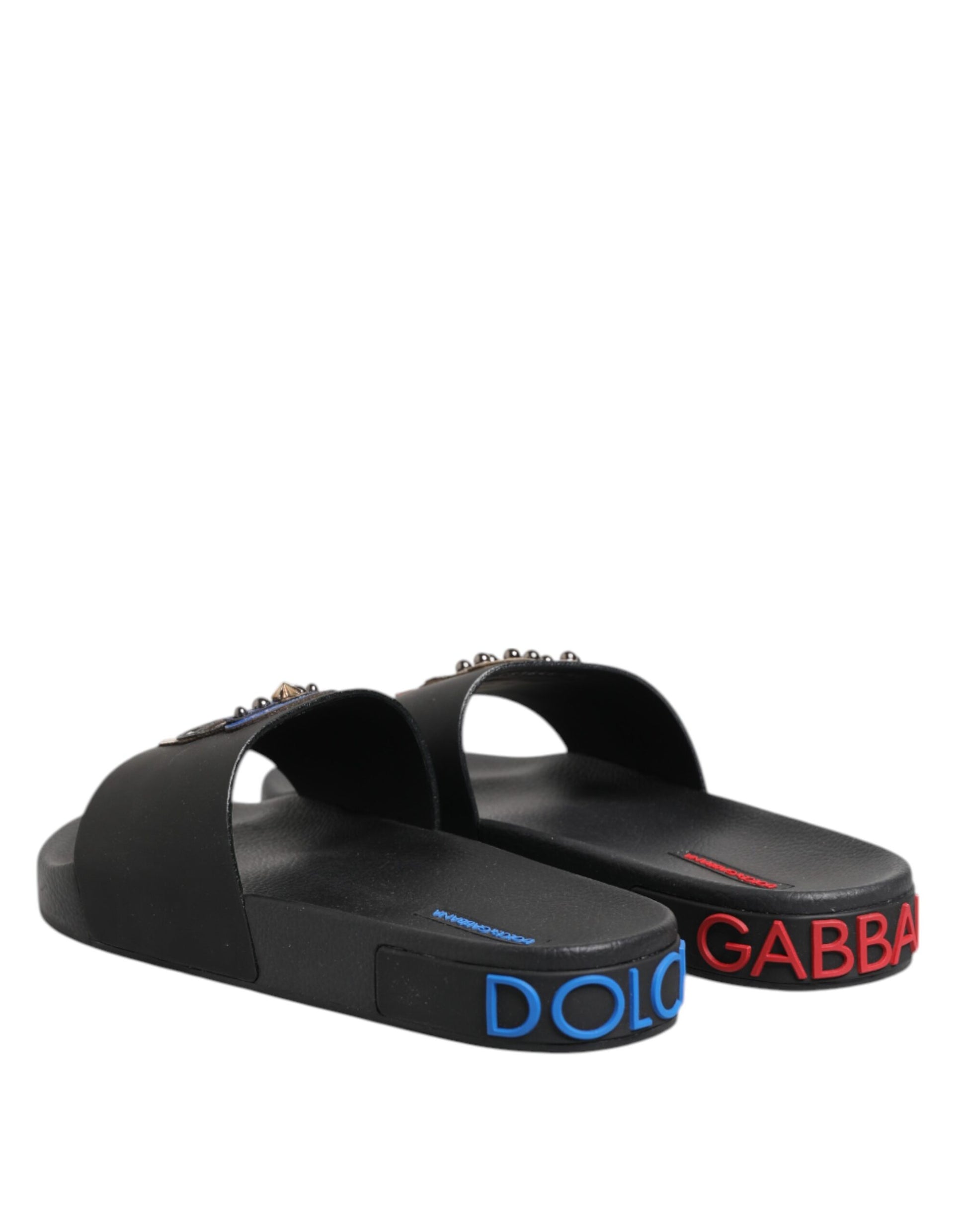 Dolce & Gabbana Black Leather Slides Flats Beachwear Shoes