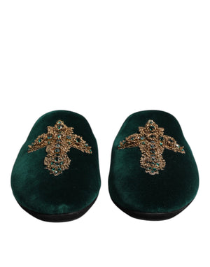 Dolce & Gabbana Green Velvet Cross Embellished Slippers Shoes