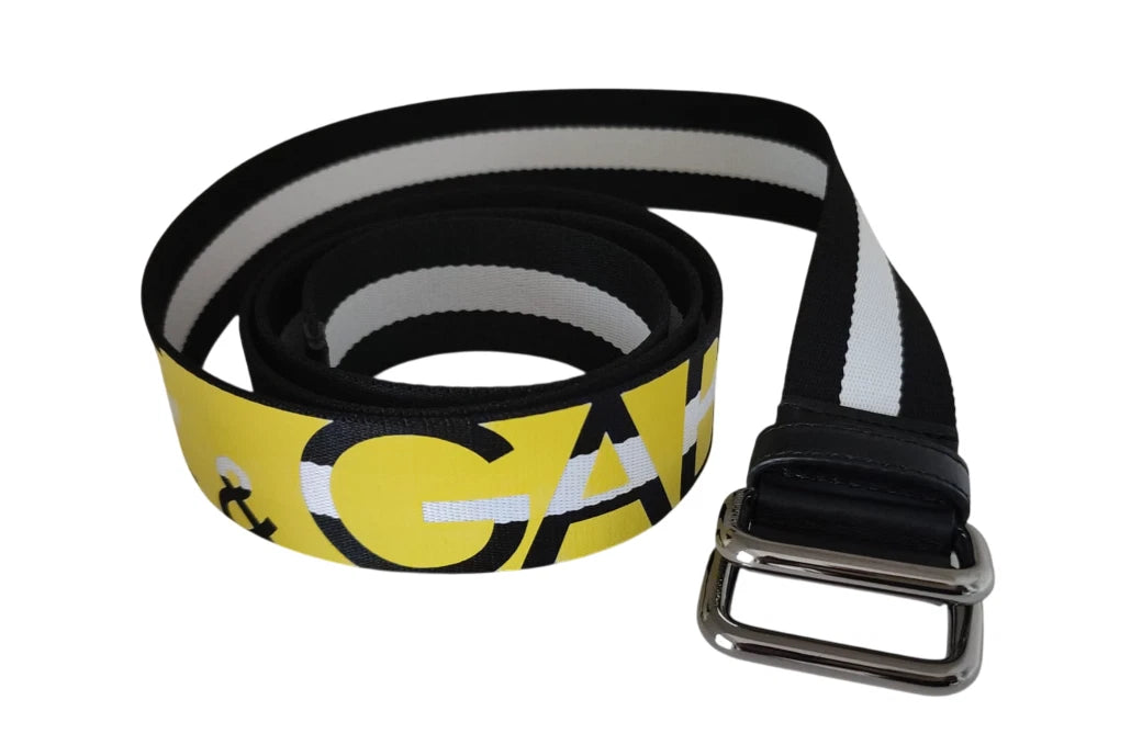 Schwarz-gelber Gürtel mit gestreifter Metallschnalle und Logo