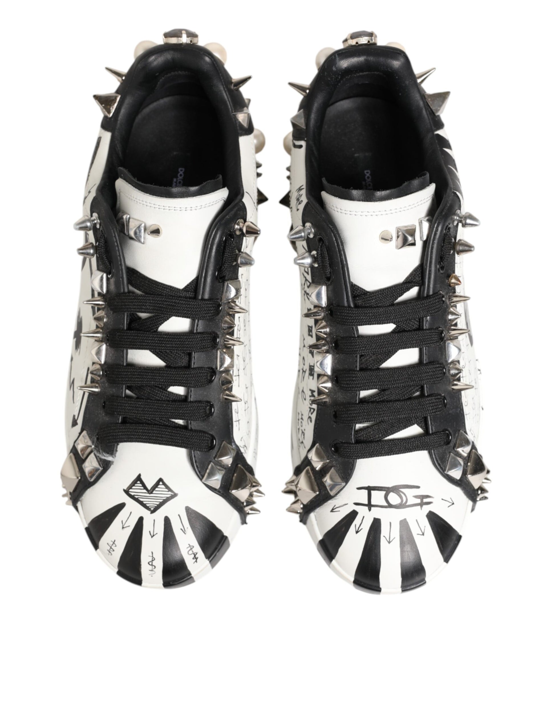 Dolce & Gabbana White Studded Printed Low Top Sneakers Shoes