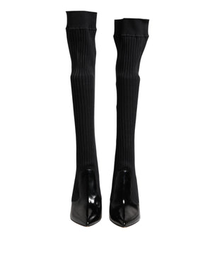 Dolce & Gabbana Black Leather Ribbed Knit Knee Boots Shoes