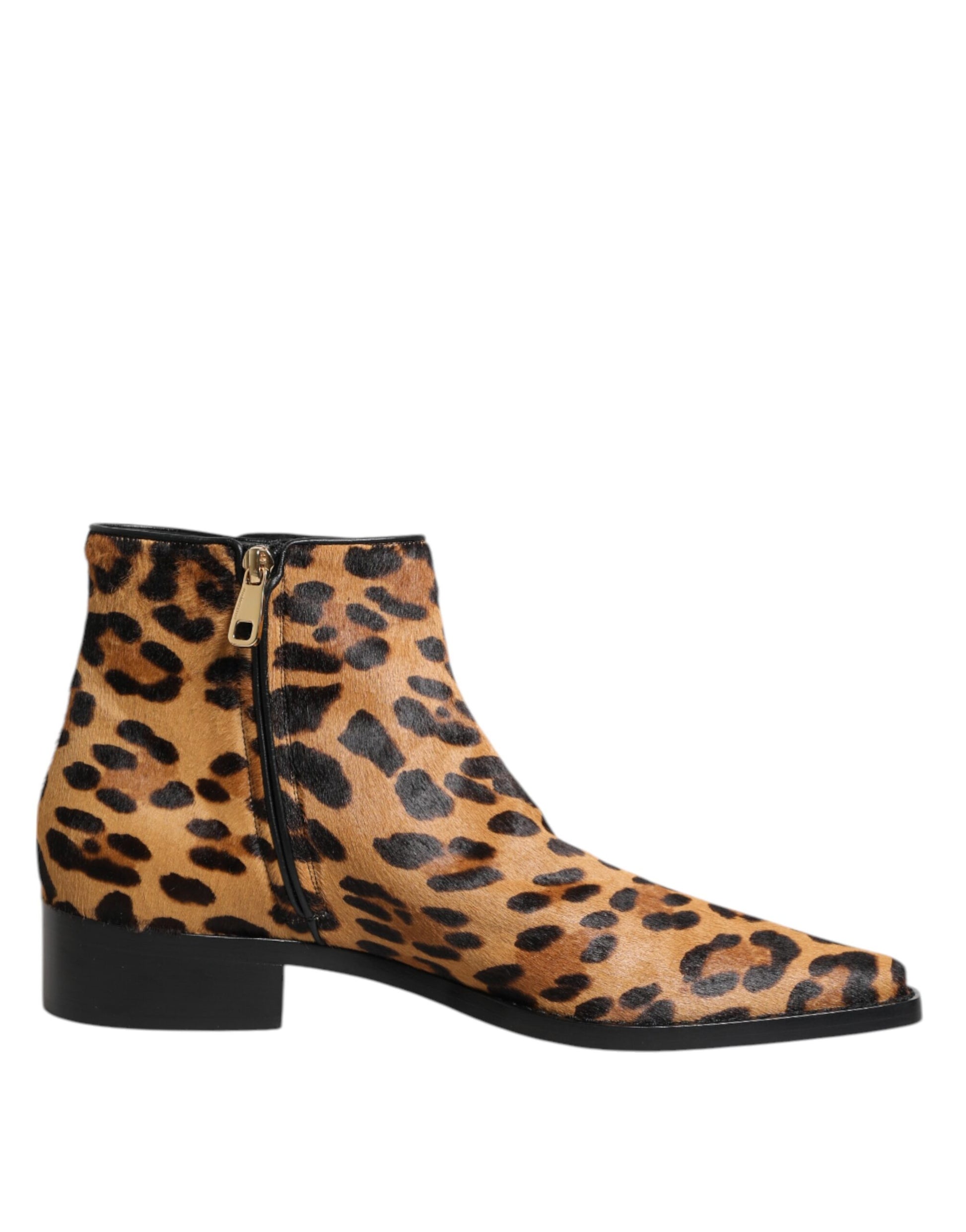 Dolce & Gabbana Brown Leopard Calf Fur Ankle Boots Shoes