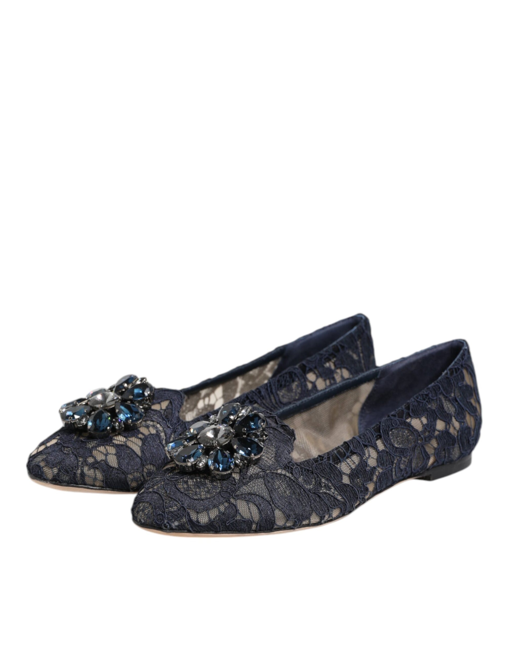 Dolce & Gabbana Blue Taormina Lace Crystals Flats Shoes