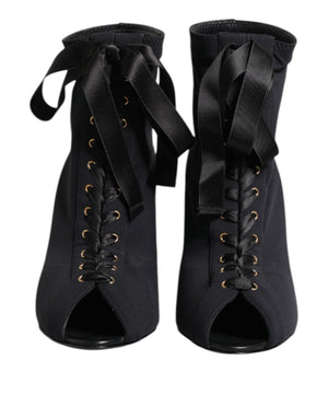 Dolce & Gabbana Black Stiletto Heels Lace Up Boots Shoes