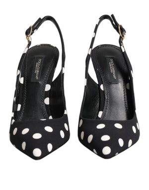 Dolce & Gabbana Black White Dotted Stiletto Slingback Shoes
