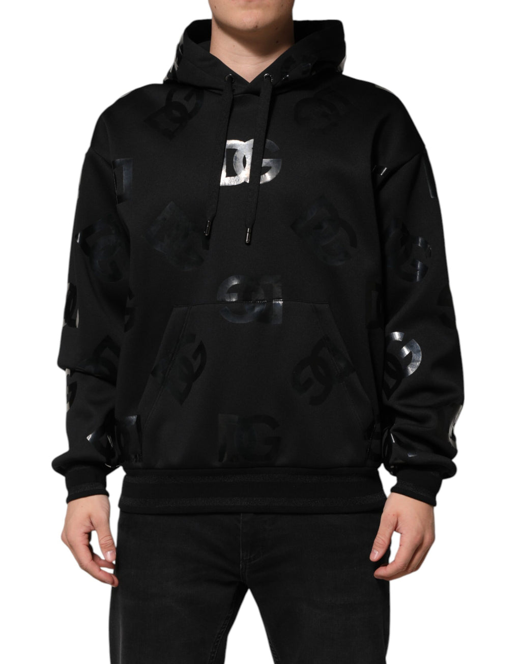 Dolce & Gabbana Black DG Logo Hoodie Metallic Print Sweater
