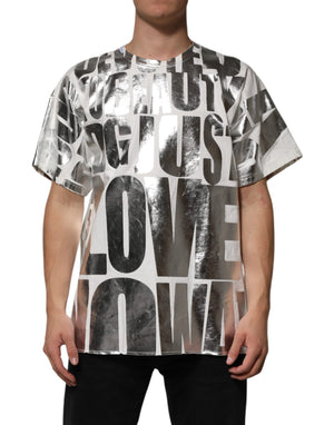 White Cotton Silver Metallic Slogan Print T-shirt