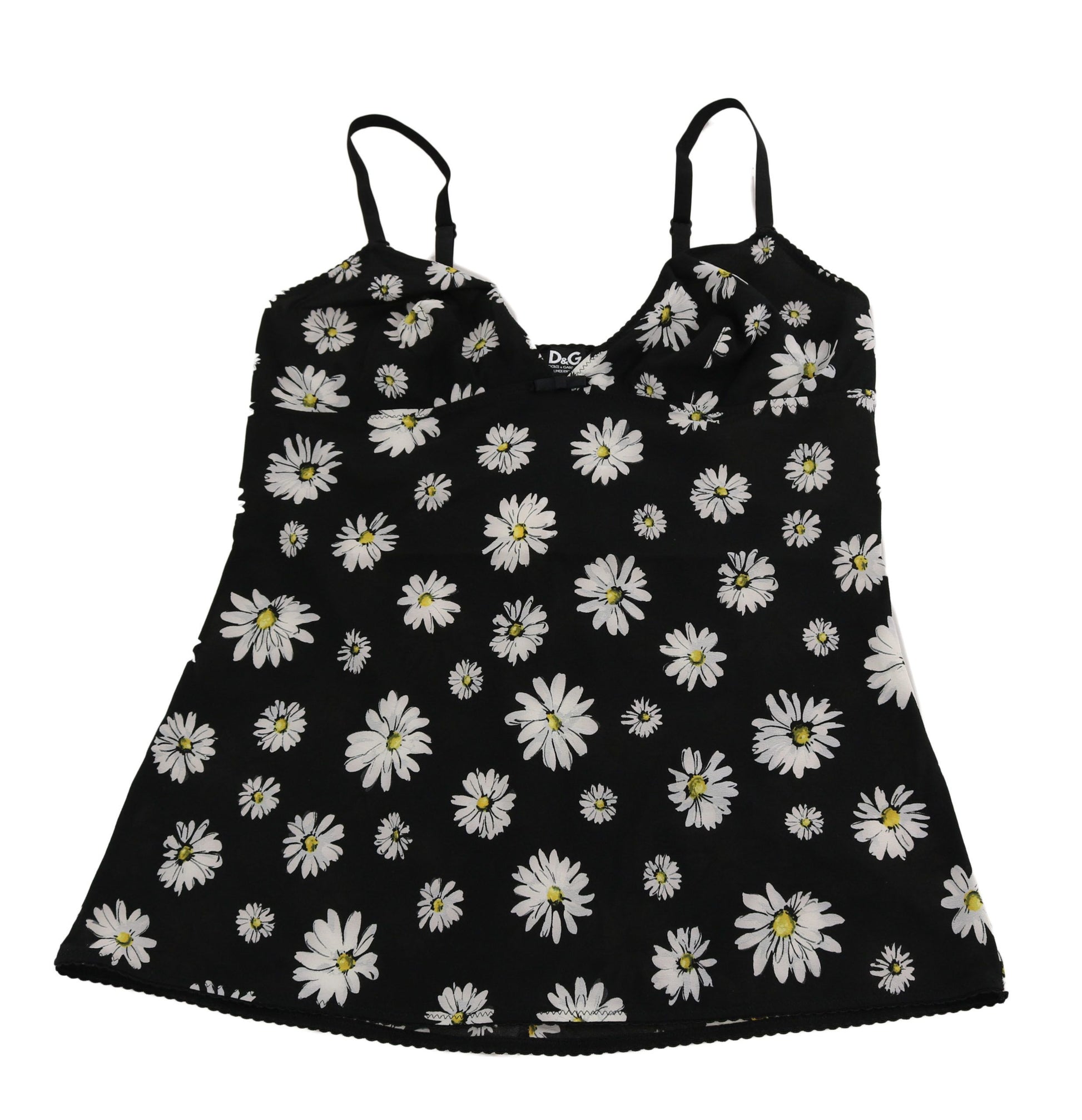 Schwarzes Dessous-Chemisole-Kleid mit Gänseblümchen-Print
