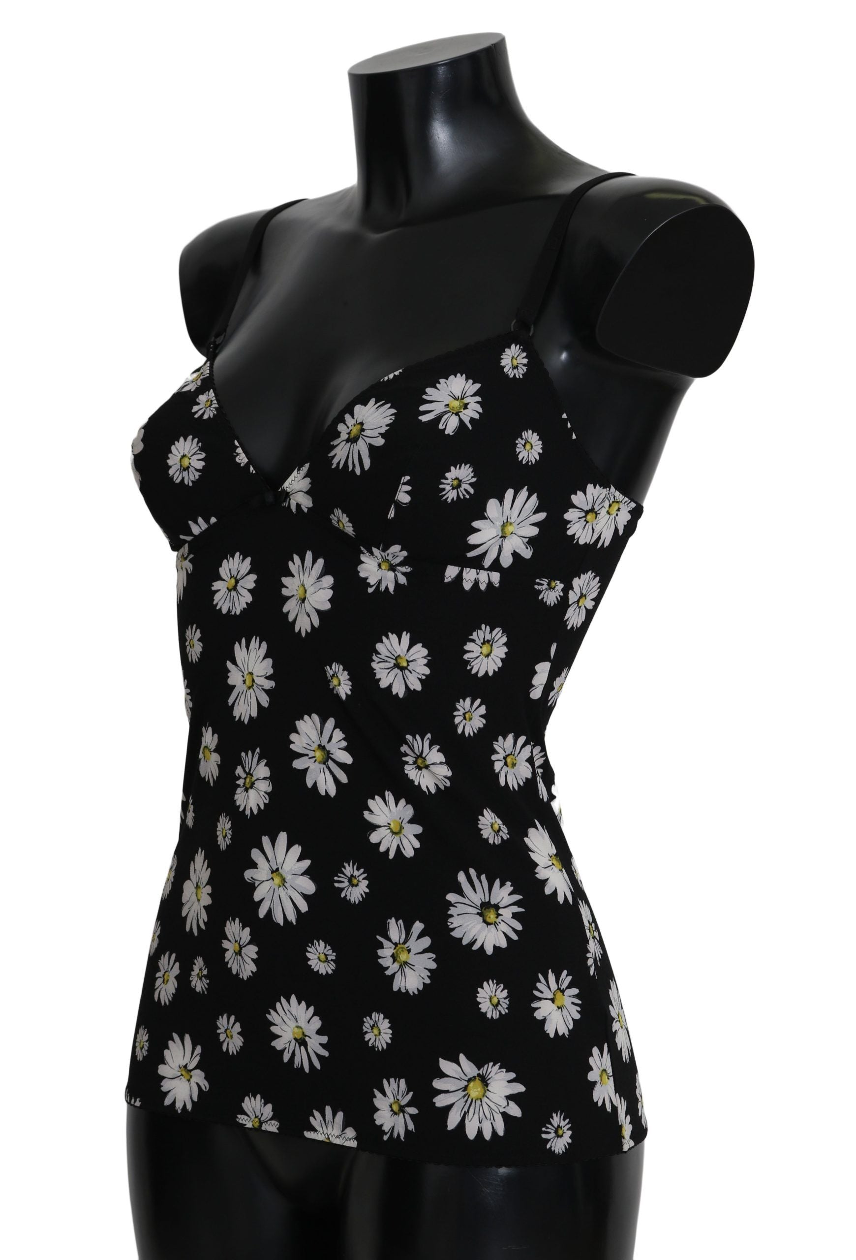 Schwarzes Dessous-Chemisole-Kleid mit Gänseblümchen-Print