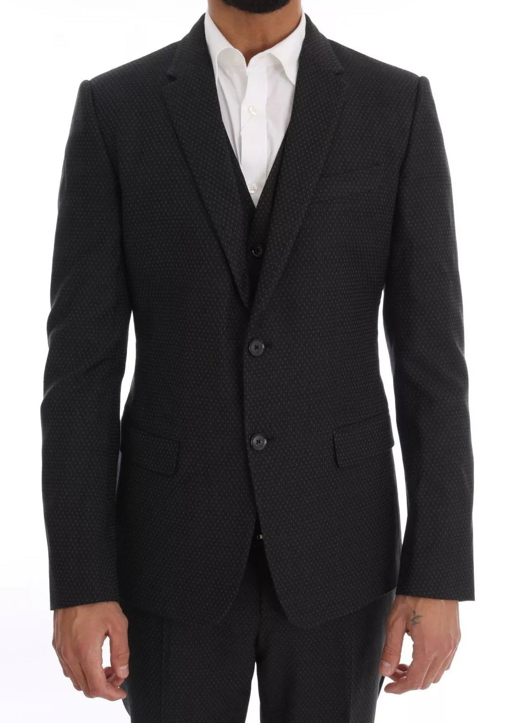 Gray Patterned Wool 3 Piece Slim Suit