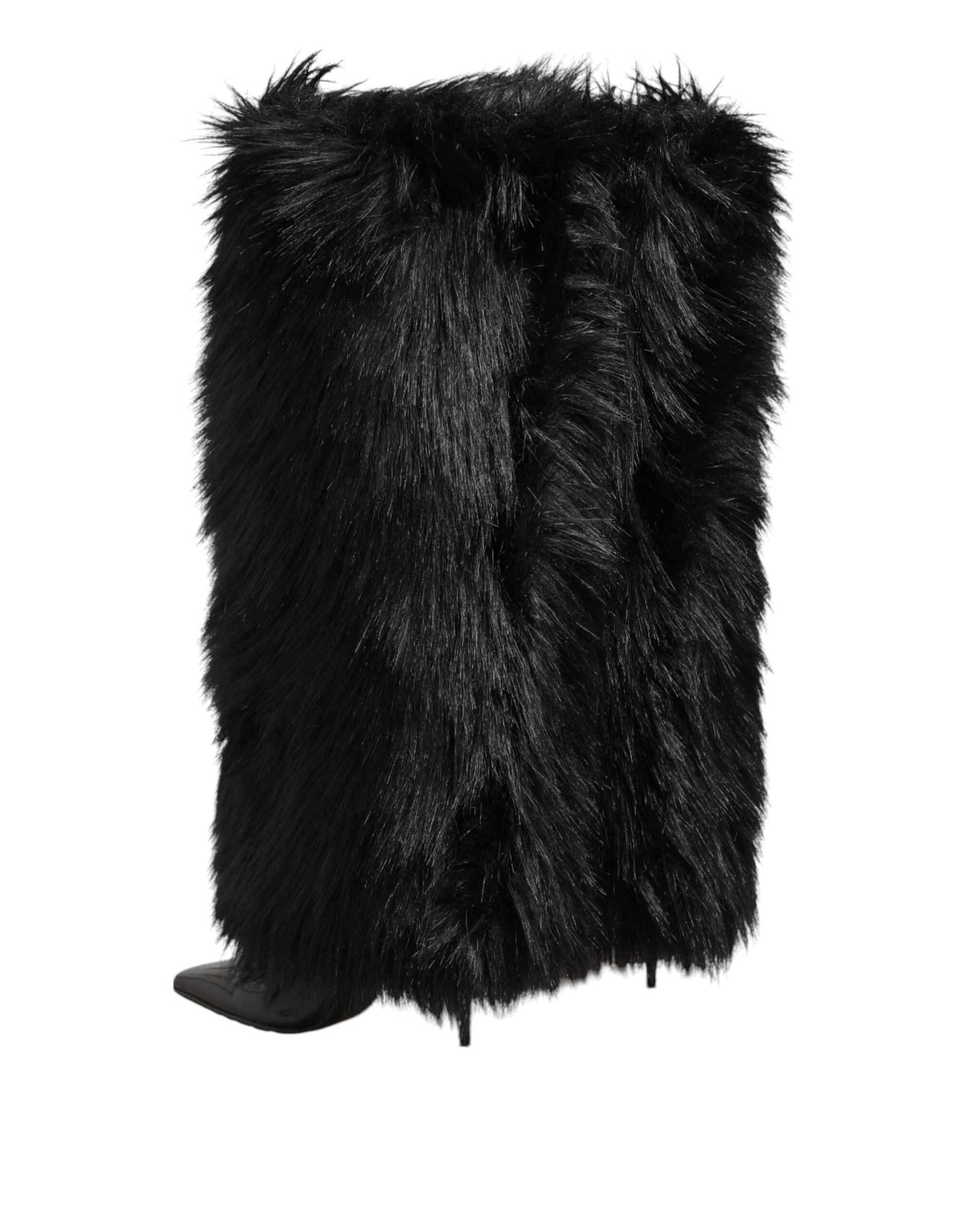 Dolce & Gabbana Black Faux Fur Pointed Knee High Stiletto Boots Shoes