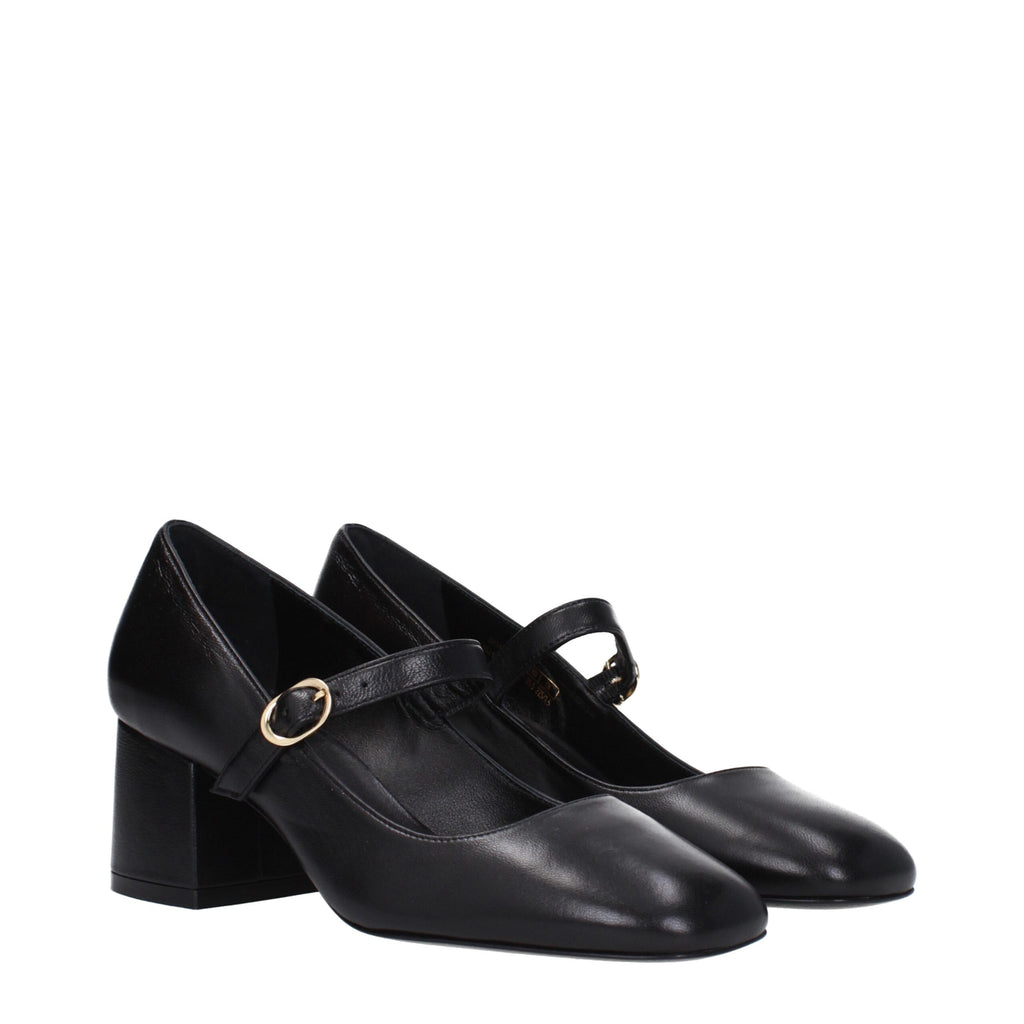 Black Leather Mid Heel Pumps