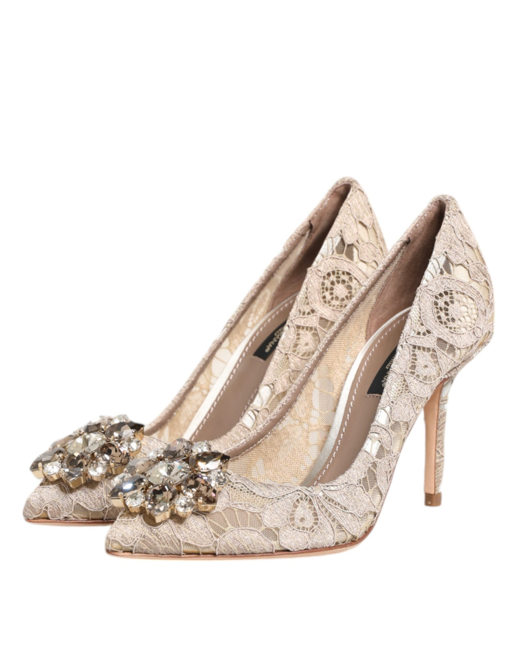 Beige Taormina Lace Crystal Heels Pumps Shoes