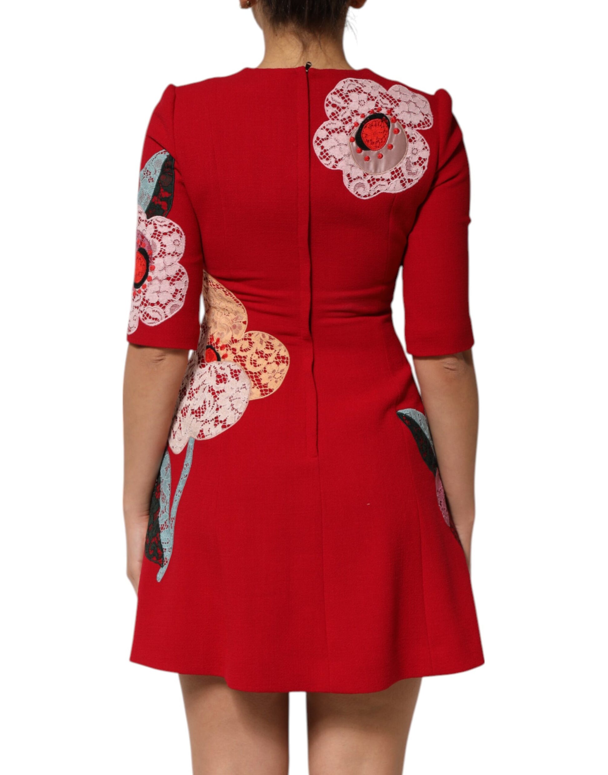 Dolce & Gabbana Red Lace Floral Applique A-line Mini Dress