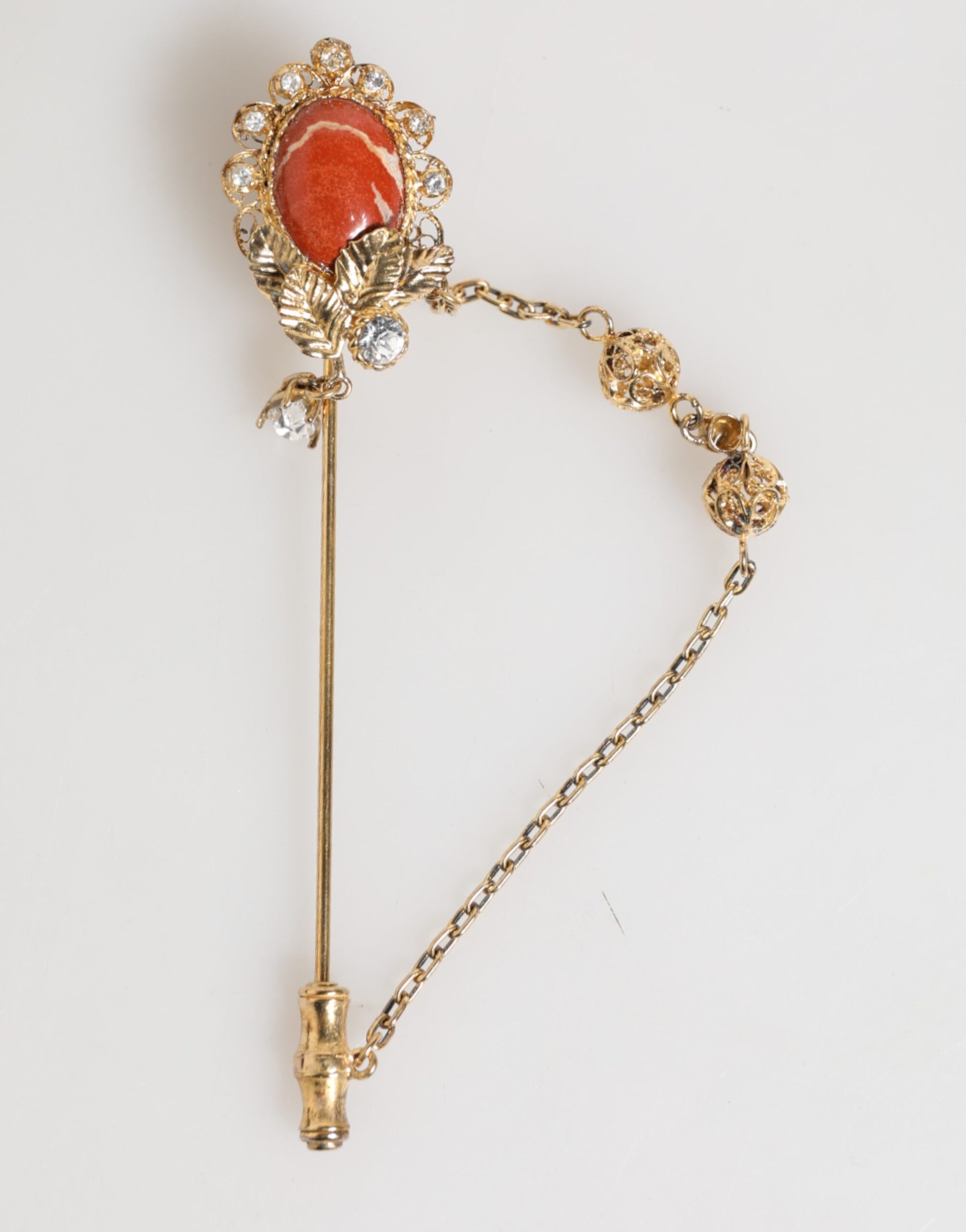 Dolce & Gabbana Gold Brass Crystal Chain 925 Sterling Silver Pin Brooch