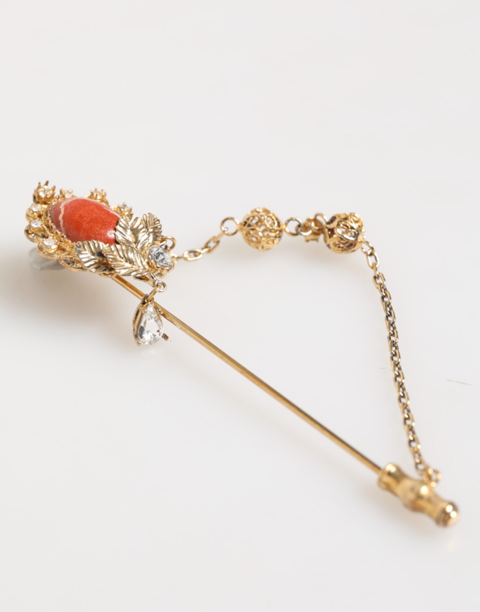 Dolce & Gabbana Gold Brass Crystal Chain 925 Sterling Silver Pin Brooch