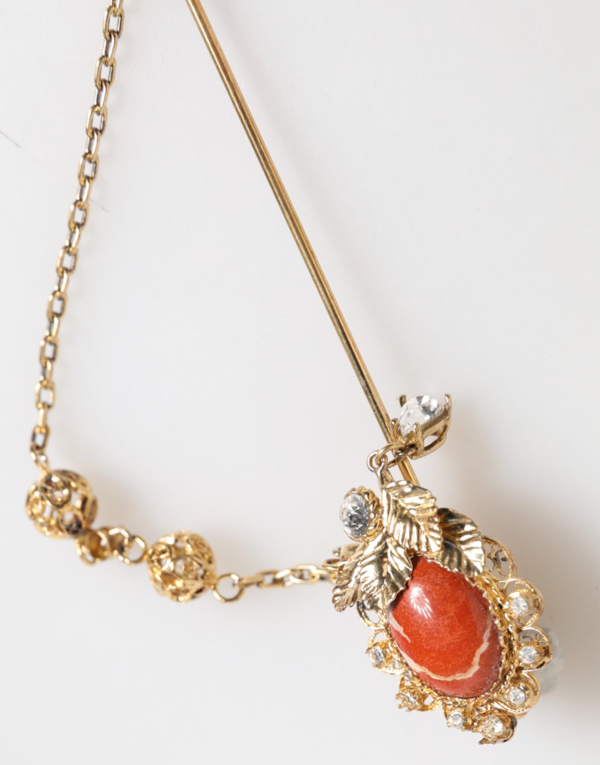 Dolce & Gabbana Gold Brass Crystal Chain 925 Sterling Silver Pin Brooch