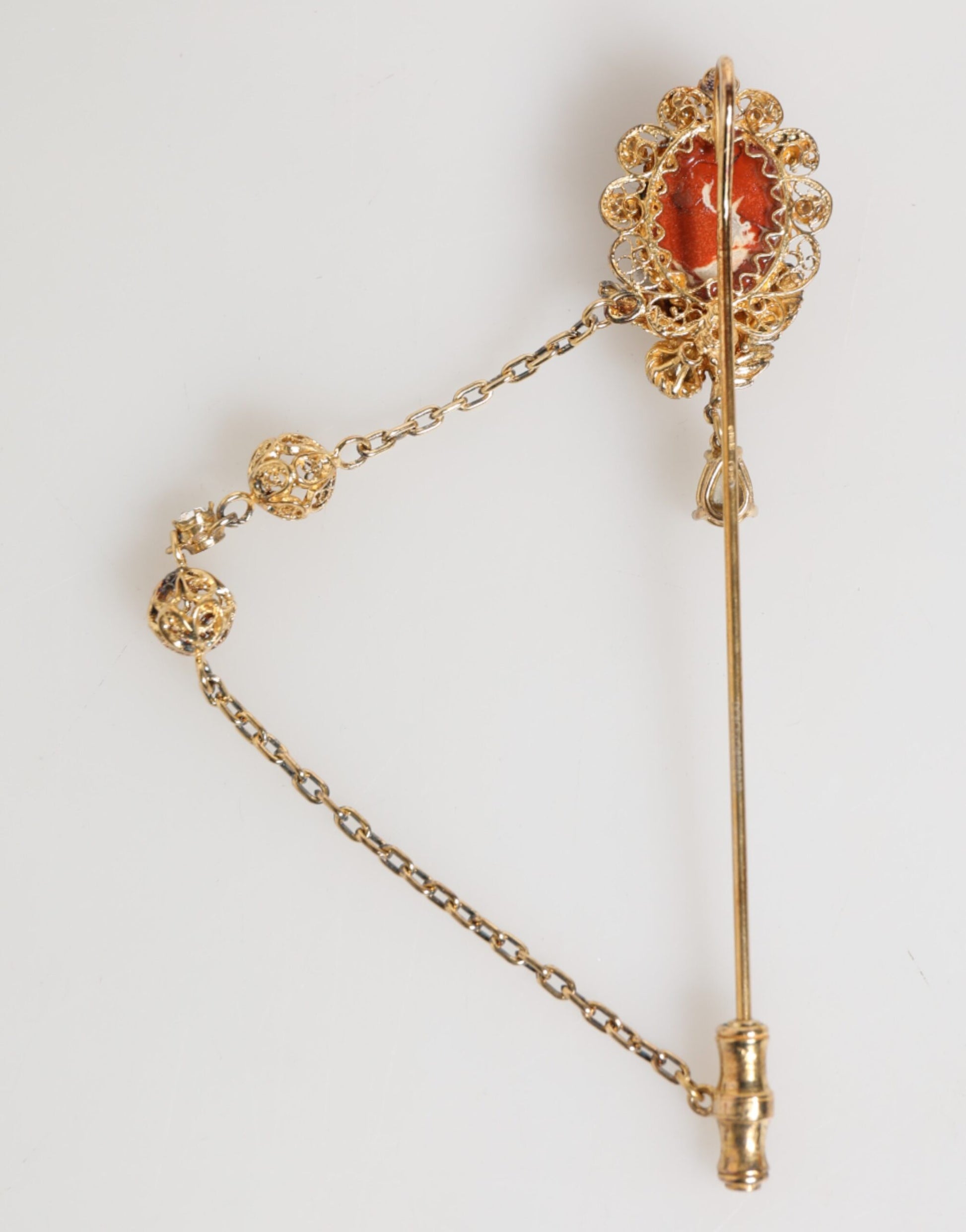 Dolce & Gabbana Gold Brass Crystal Chain 925 Sterling Silver Pin Brooch
