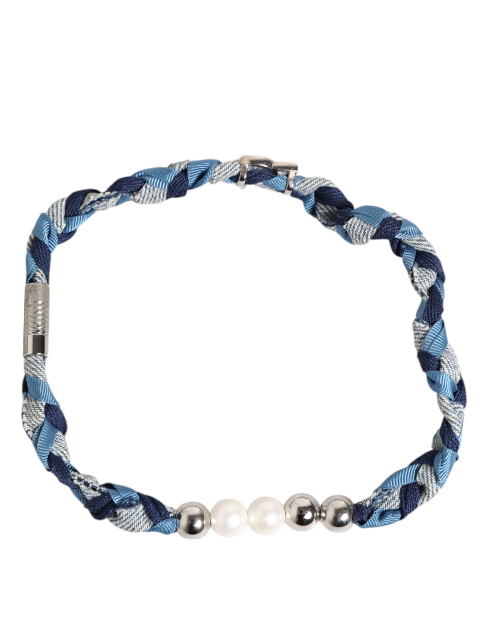 Dolce & Gabbana Blue White Braided Silver Metal Logo Beaded Men Bracelet
