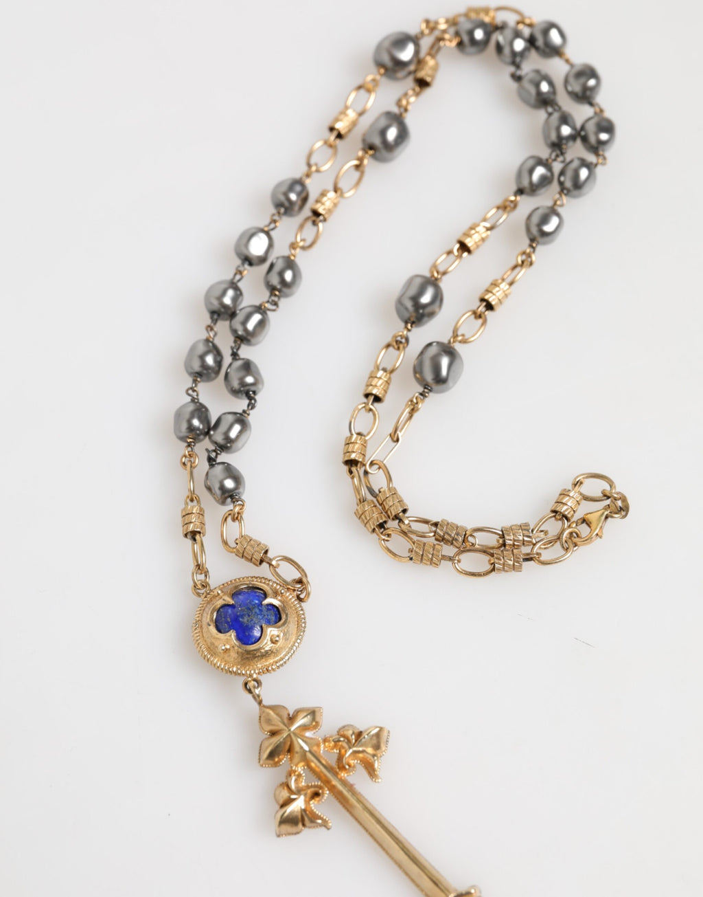 Gold Tone Beaded Chain Religious Cross Necklace