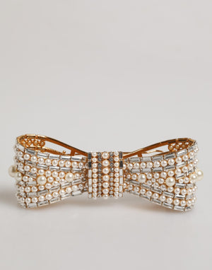 Gold Tone Brass Bow Crystal FauxPearl Embellished Brooch