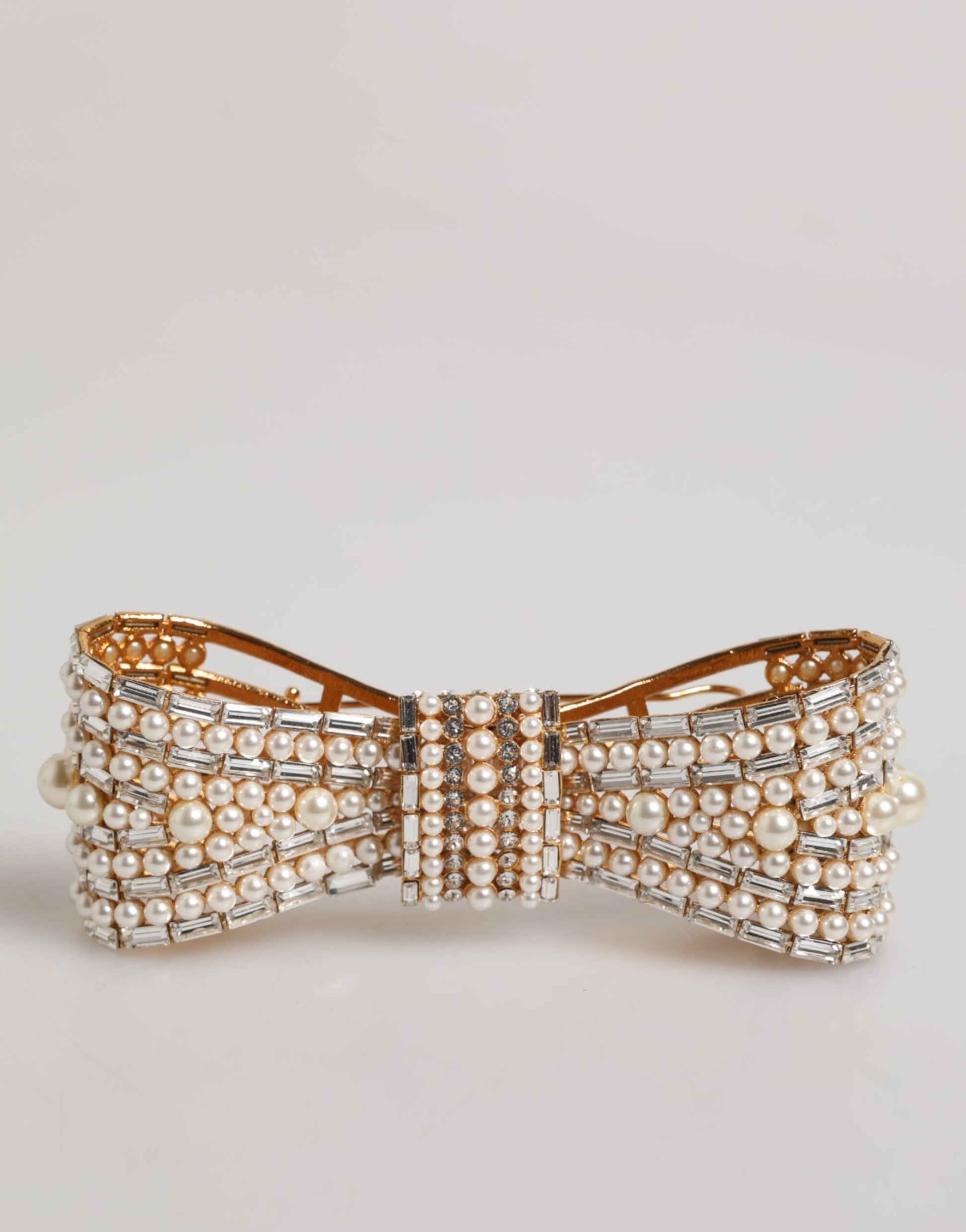 Gold Tone Brass Bow Crystal FauxPearl Embellished Brooch