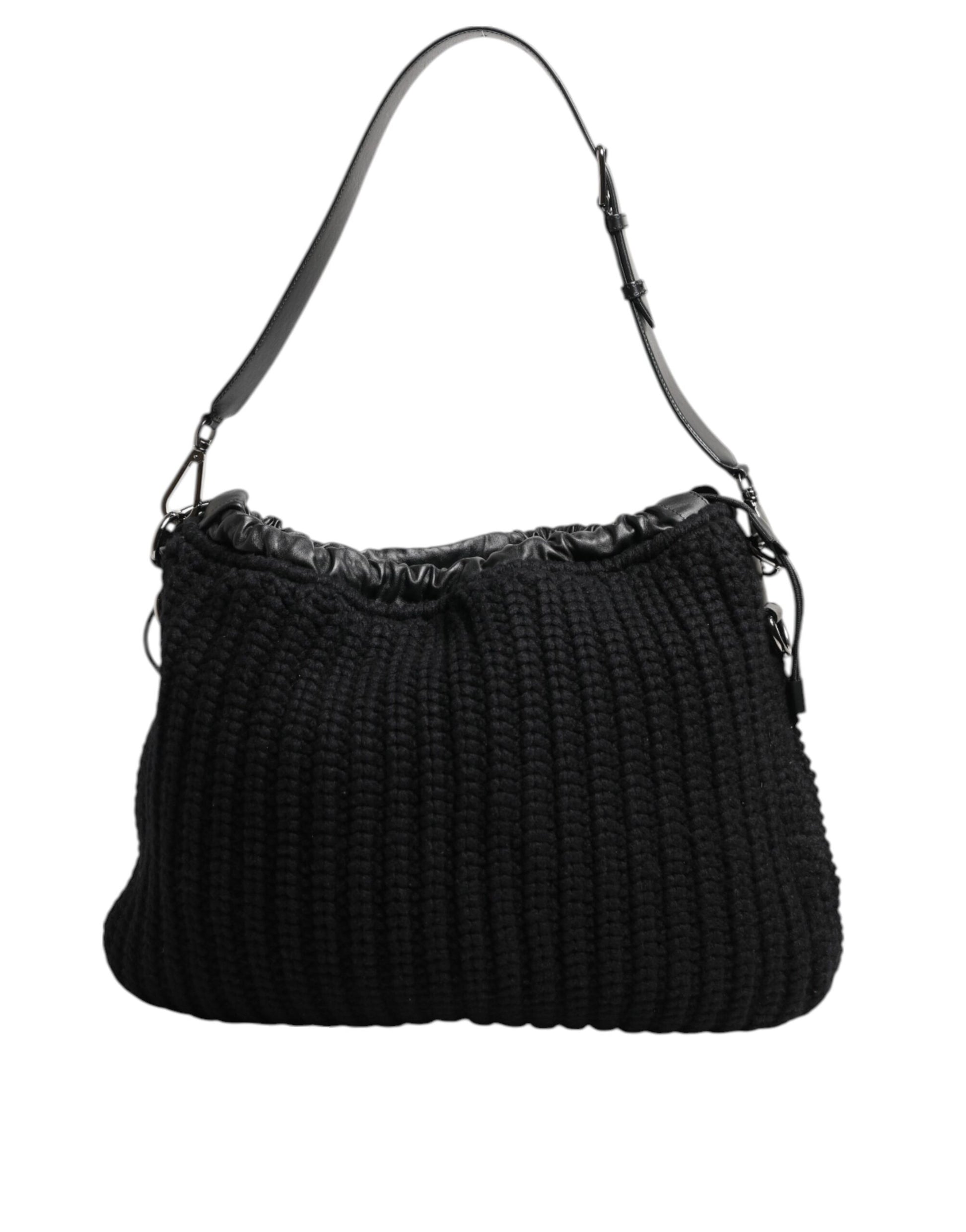 Dolce & Gabbana Black Cashmere Knitted Leather Shoulder Women Borse Bag