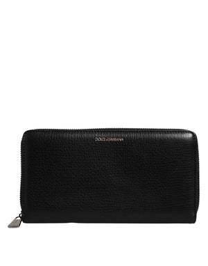 Black Calfskin Leather Logo Zip Around Continental Wallet