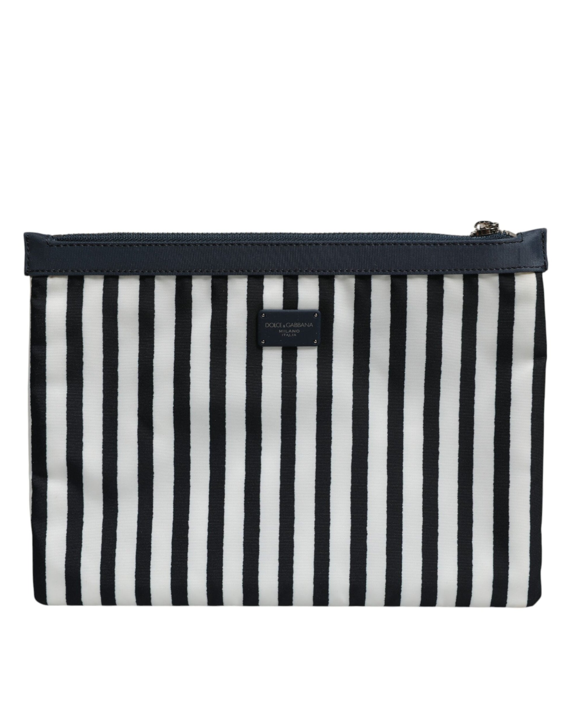 Dolce & Gabbana Black White Striped Logo Plaque Clutch Pouch Bag