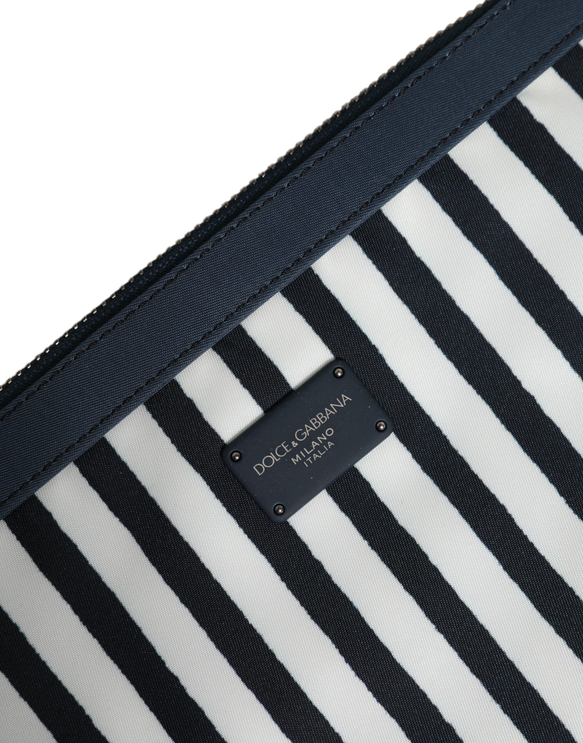 Dolce & Gabbana Black White Striped Logo Plaque Clutch Pouch Bag