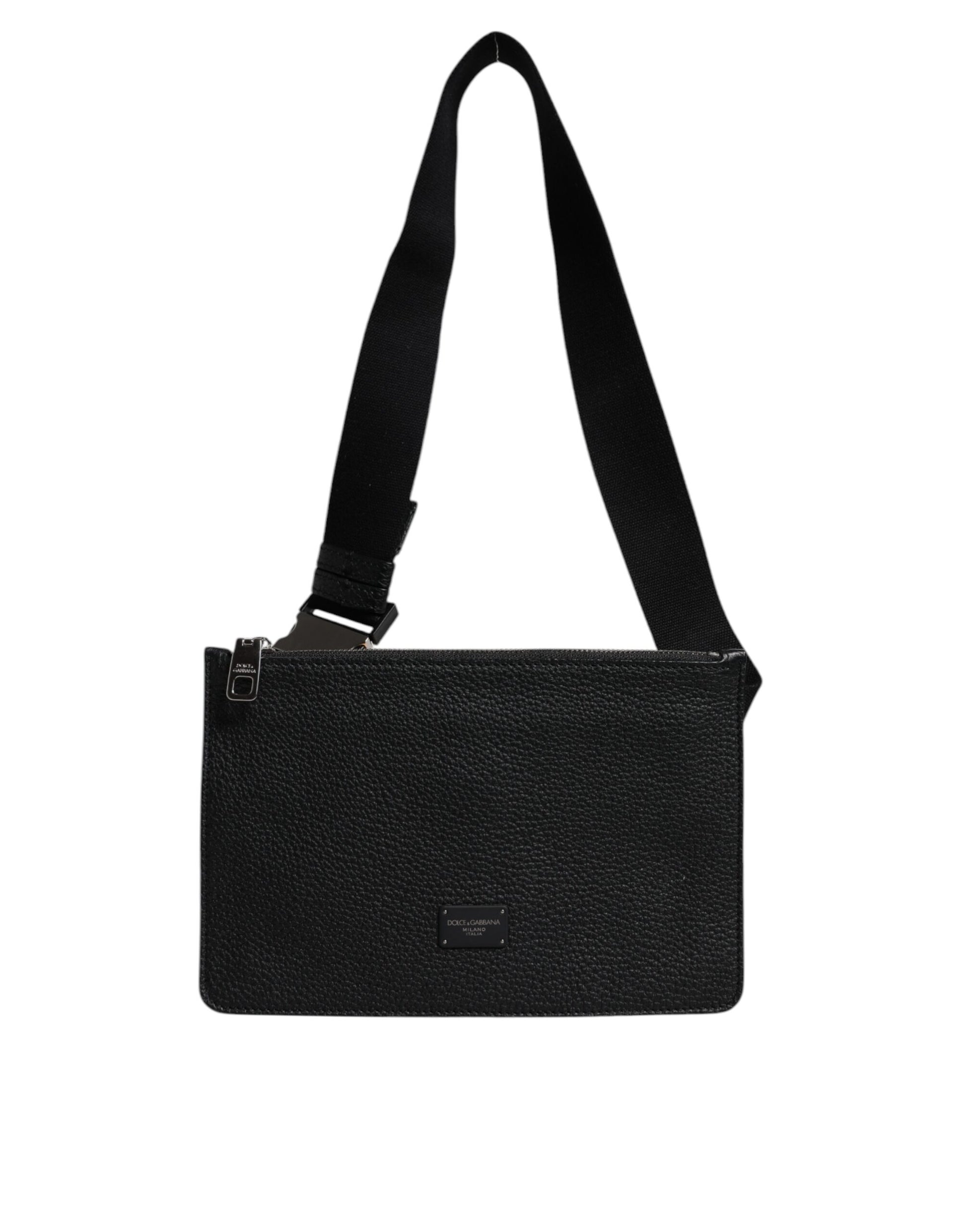 Black Leather Logo Embossed Waist Fanny Pack Borse Bag