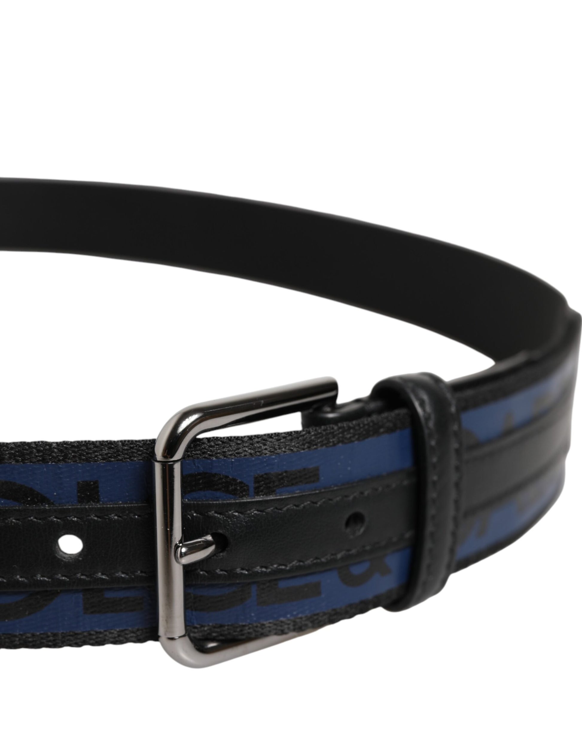 Dolce & Gabbana Black Blue DG Logo Silver Metal Buckle Belt
