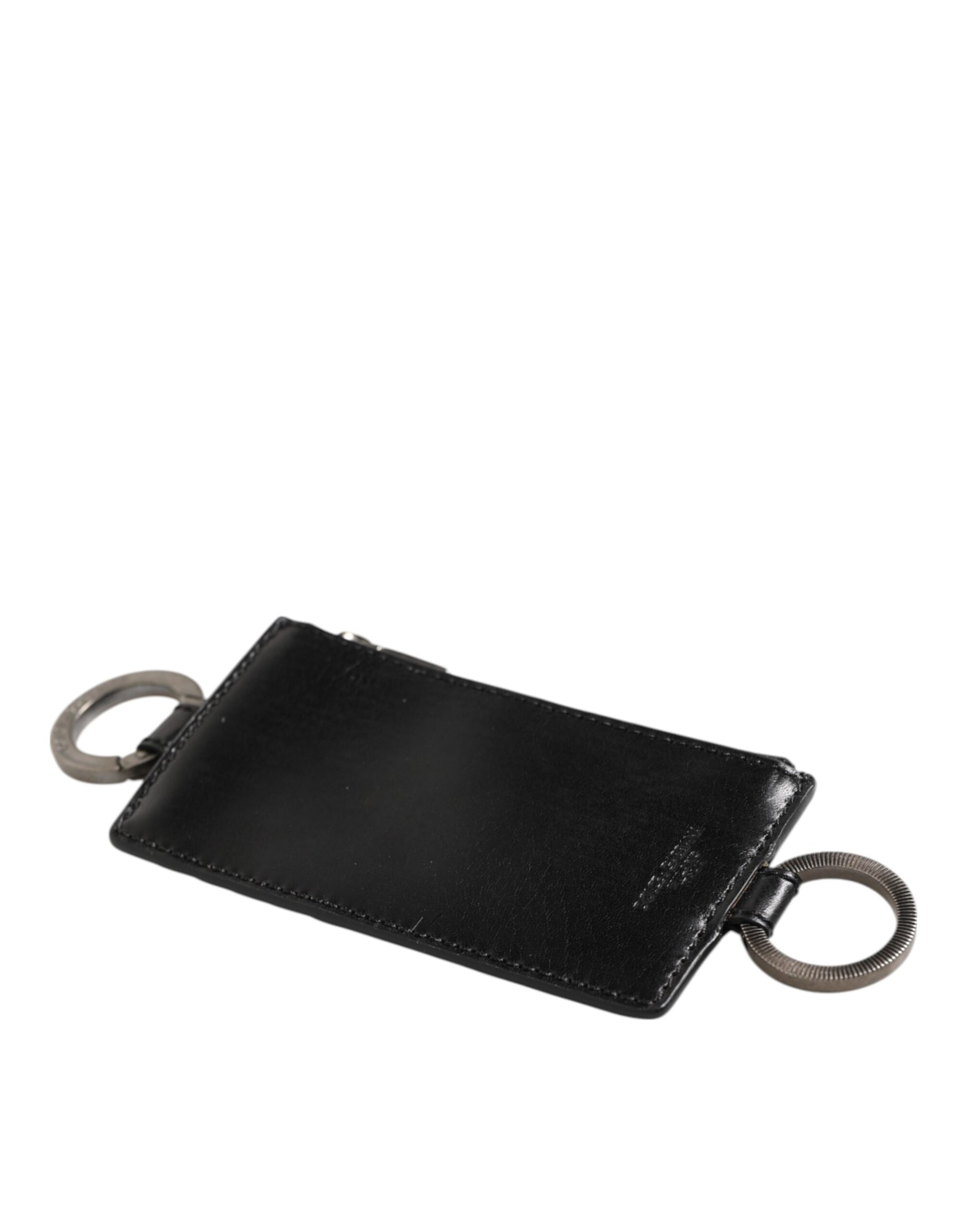 Dolce & Gabbana Black Leather Logo Embossed Lanyard Card Holde Wallet