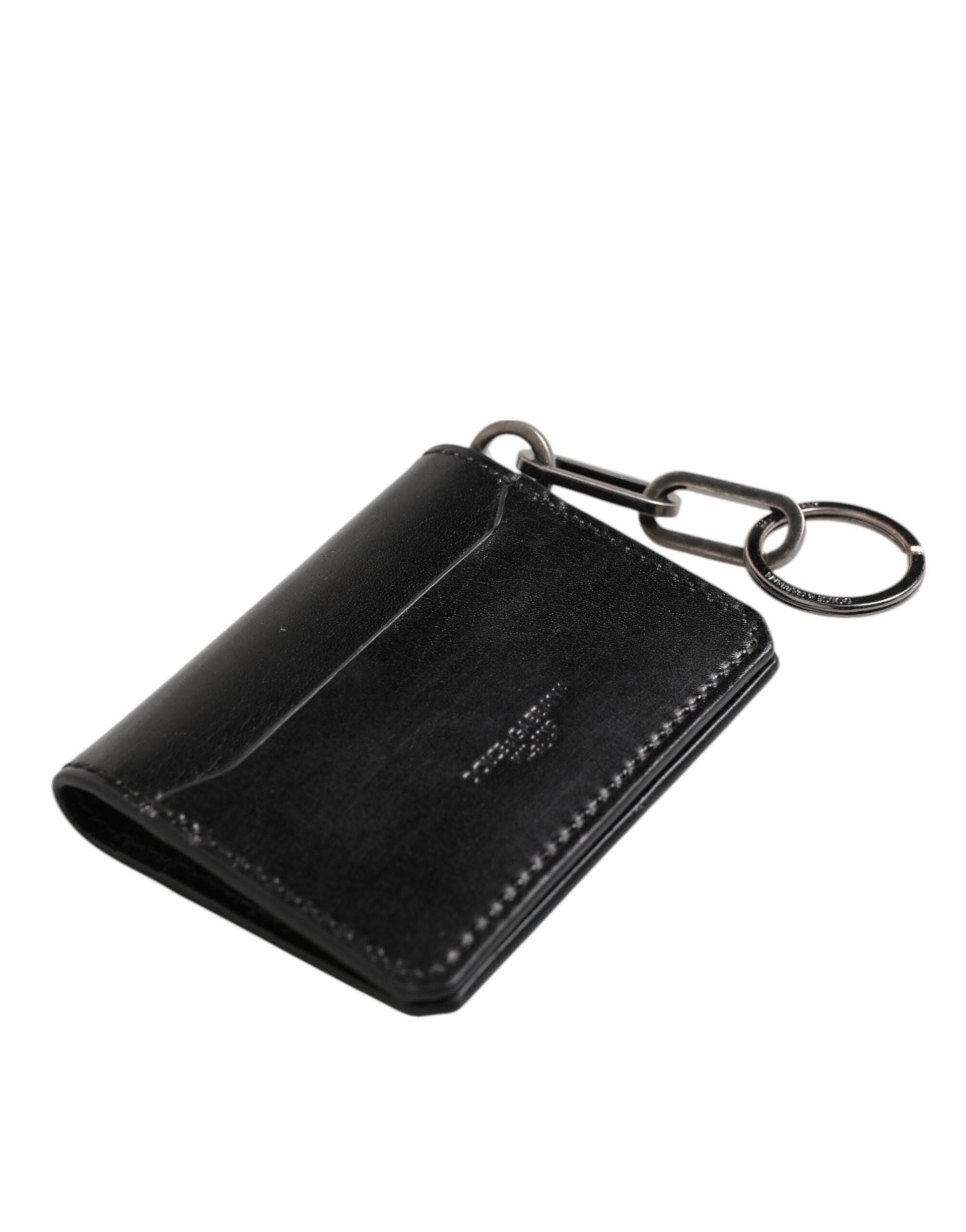 Dolce & Gabbana Black Leather Logo Embossed Key Chain Card Holder Wallet