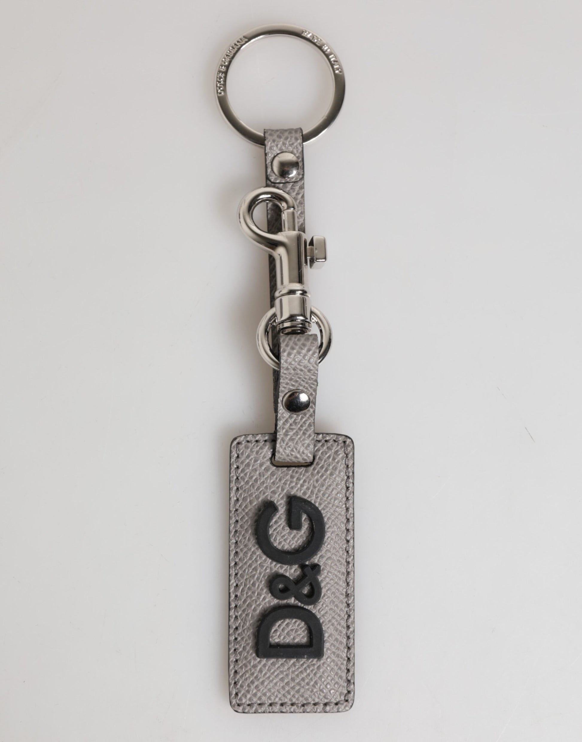 Dolce & Gabbana Gray Leather Logo Metal Ring Keychain Holder Men Keyring