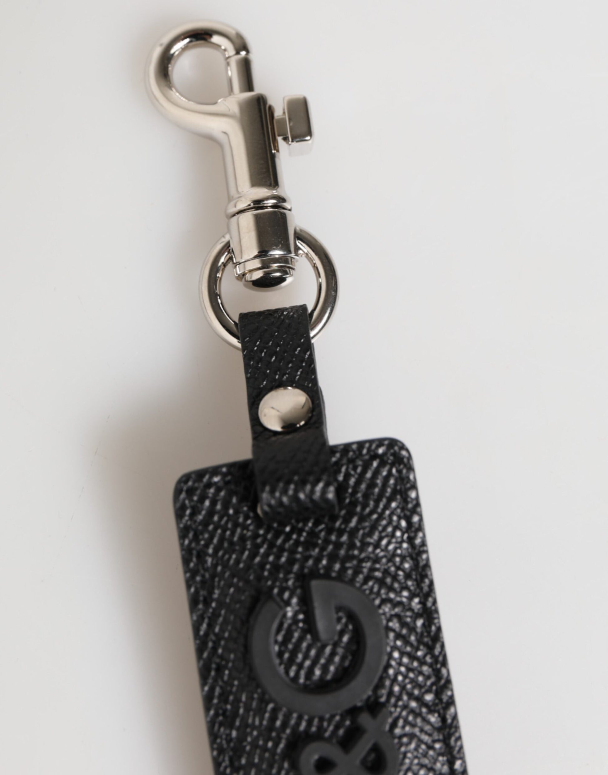 Dolce & Gabbana Black Leather Logo Metal Ring Keychain Holder Keyring