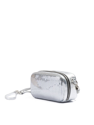 Clutch aus silbernen Pailletten und Leder