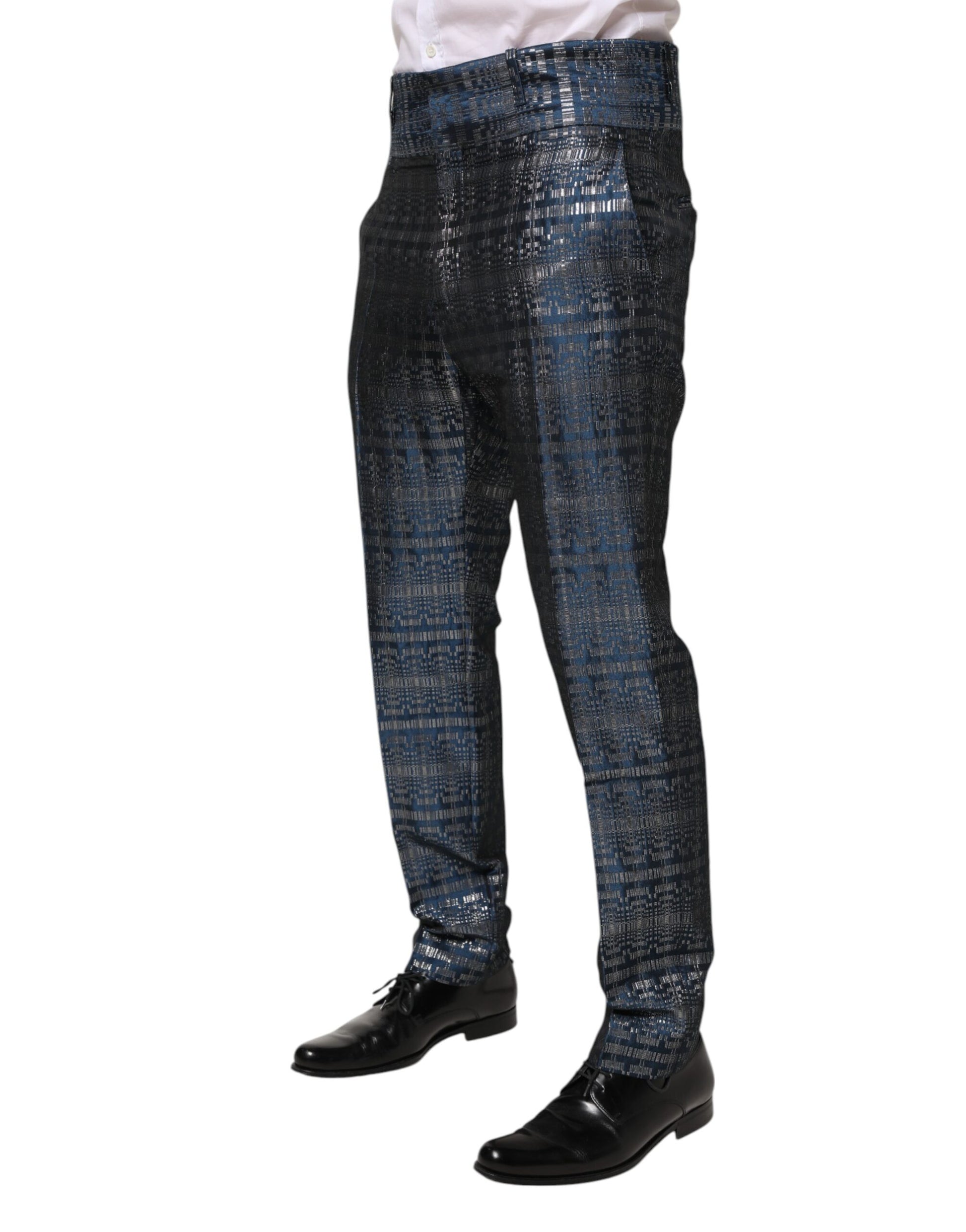 Dolce & Gabbana Blue Silver Shiny Silk Skinny Men Trouser Pants