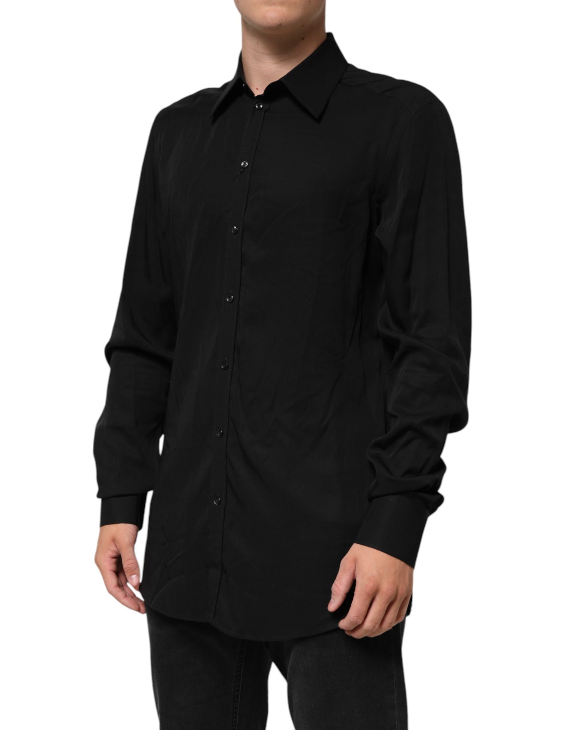 Black Viscose Long Sleeve Formal Dress Shirt
