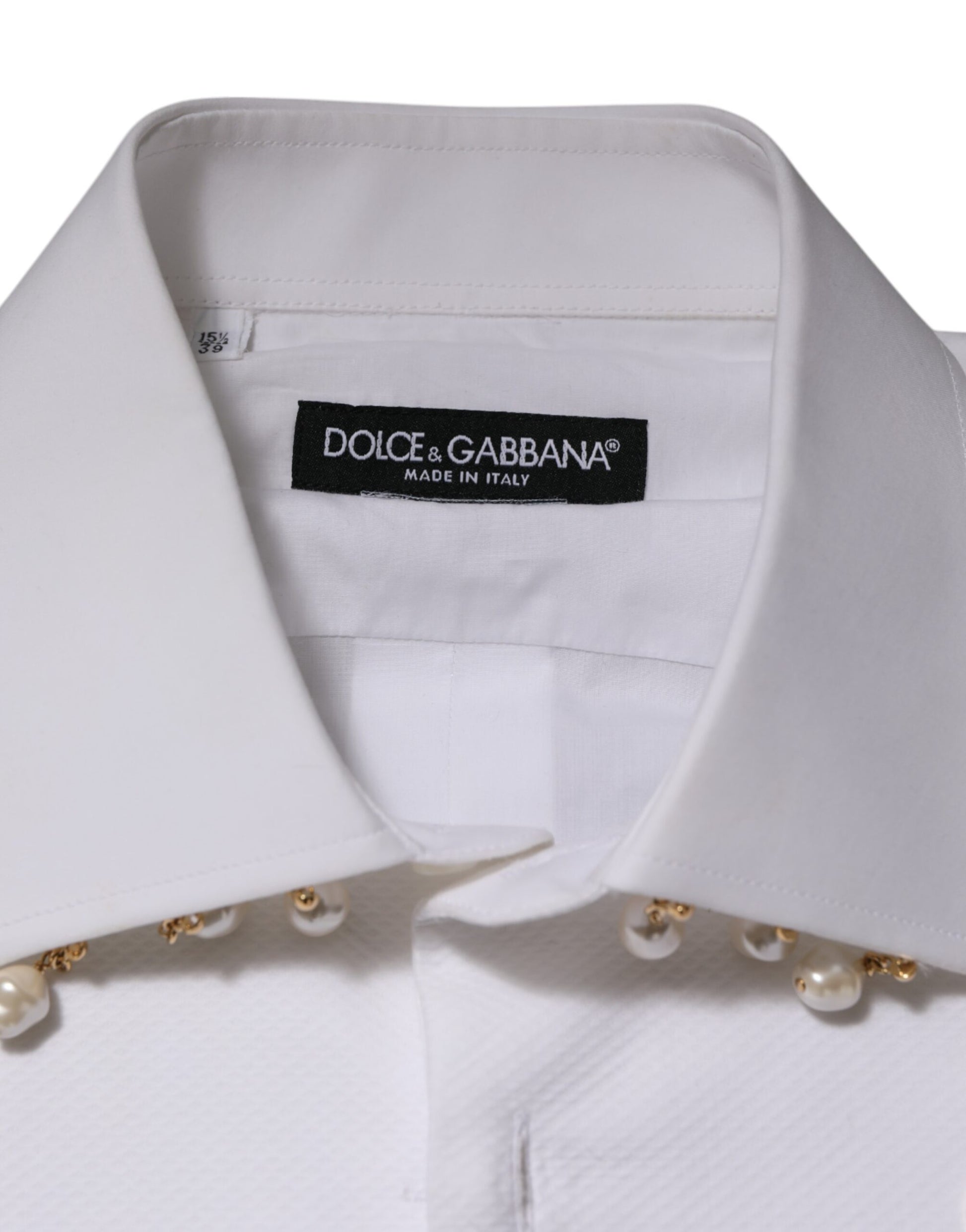 Dolce & Gabbana White Cotton DG Logo Pearl Chain Formal Shirt