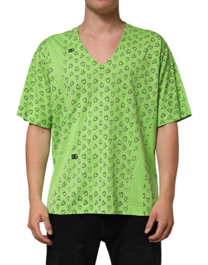 Dolce & Gabbana Green V-Neck DG Logo Heart Print T-shirt