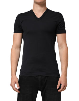 Dolce & Gabbana Black Cotton Plain V-Neck Men Shirt T-shirt