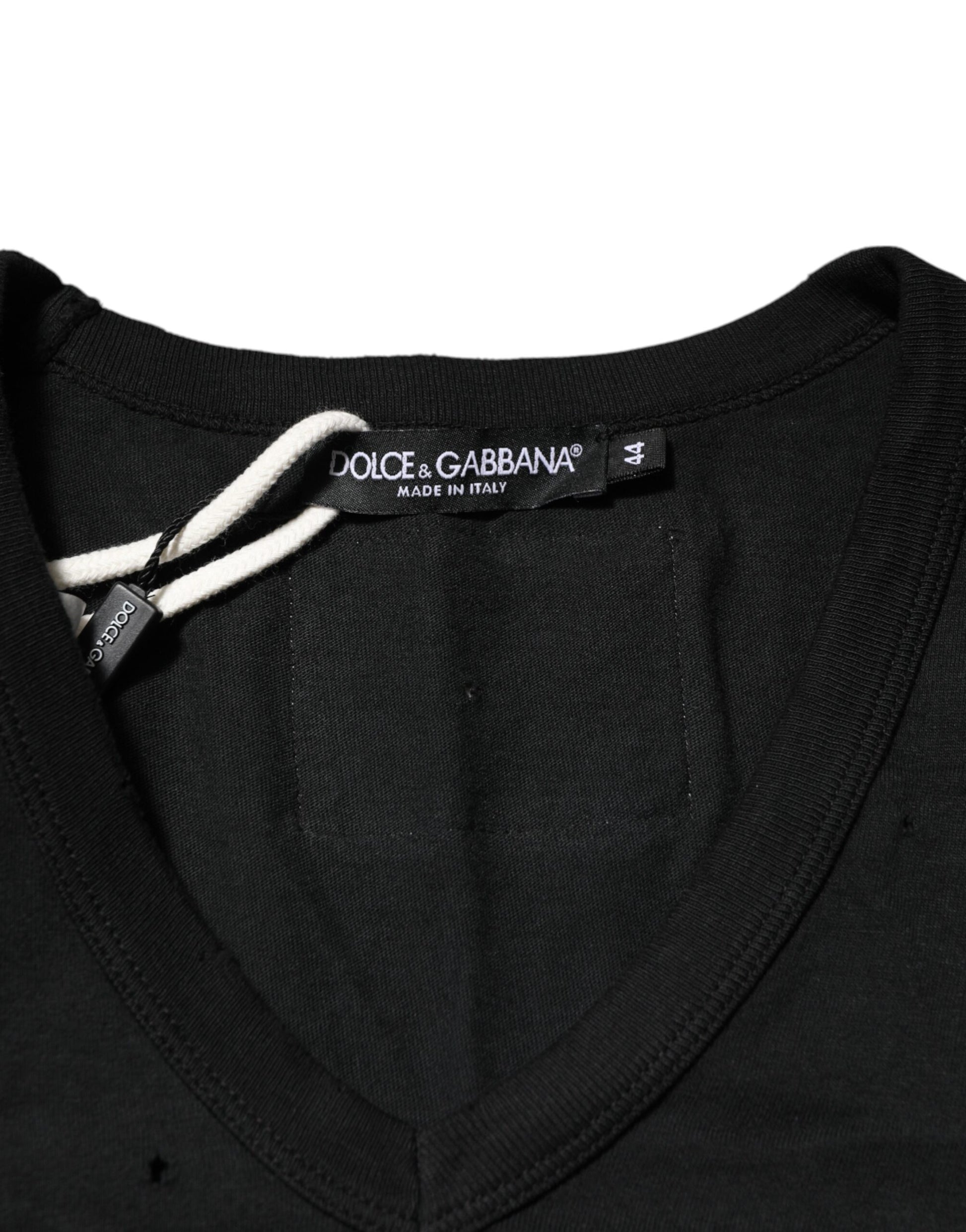 Dolce & Gabbana Black Cotton Tattered Logo V-Neck Men T-shirt
