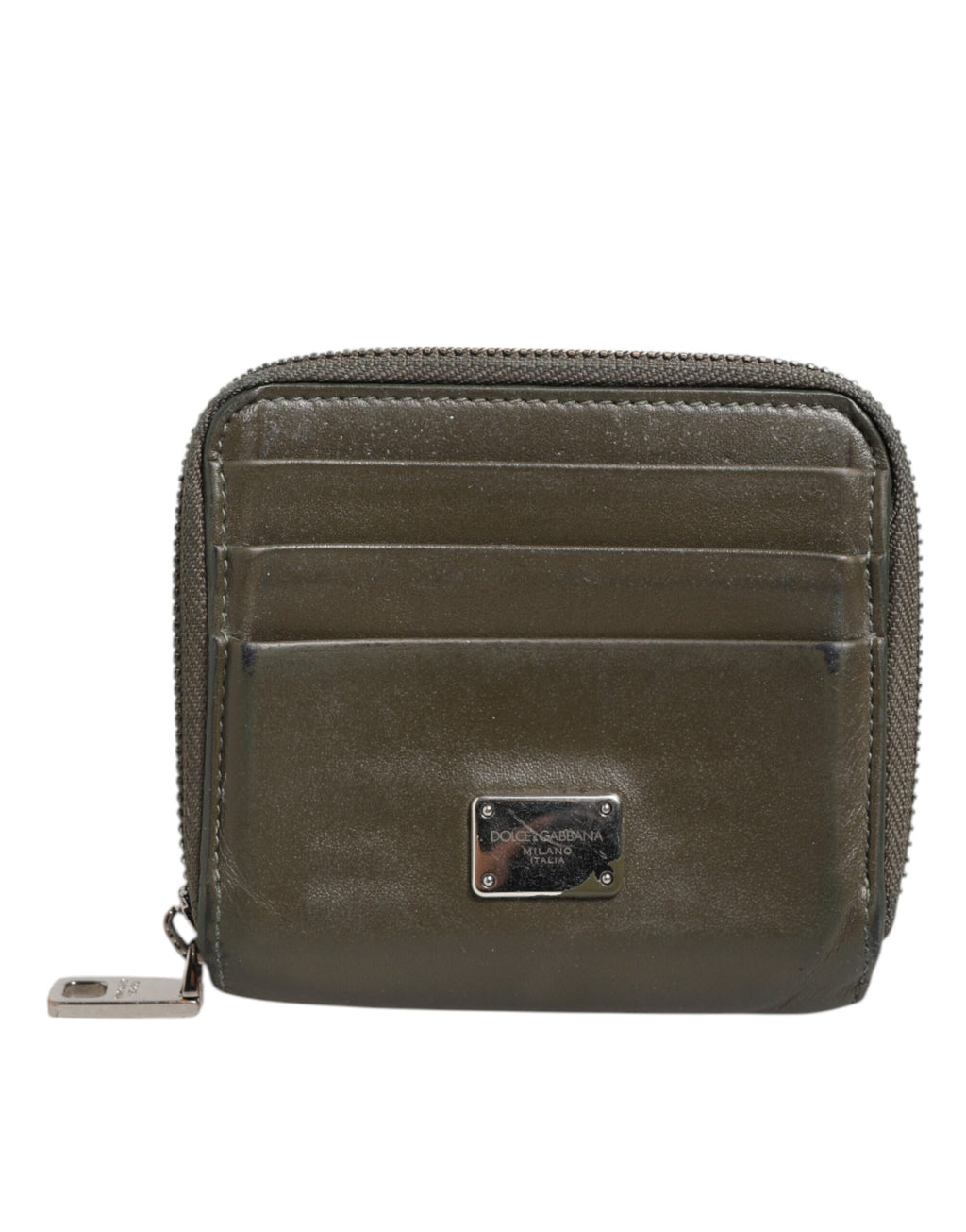 Dolce & Gabbana Military Green Leather Logo Plaque Card Holder Coin Purse Wallet